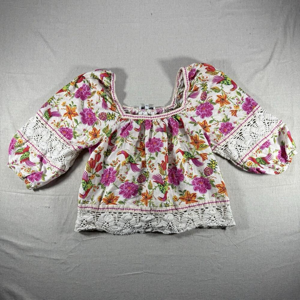 Rachel Zoe Womens Large Floral Bird Blouse Linen Rayon Crochet Boho Peasant Top